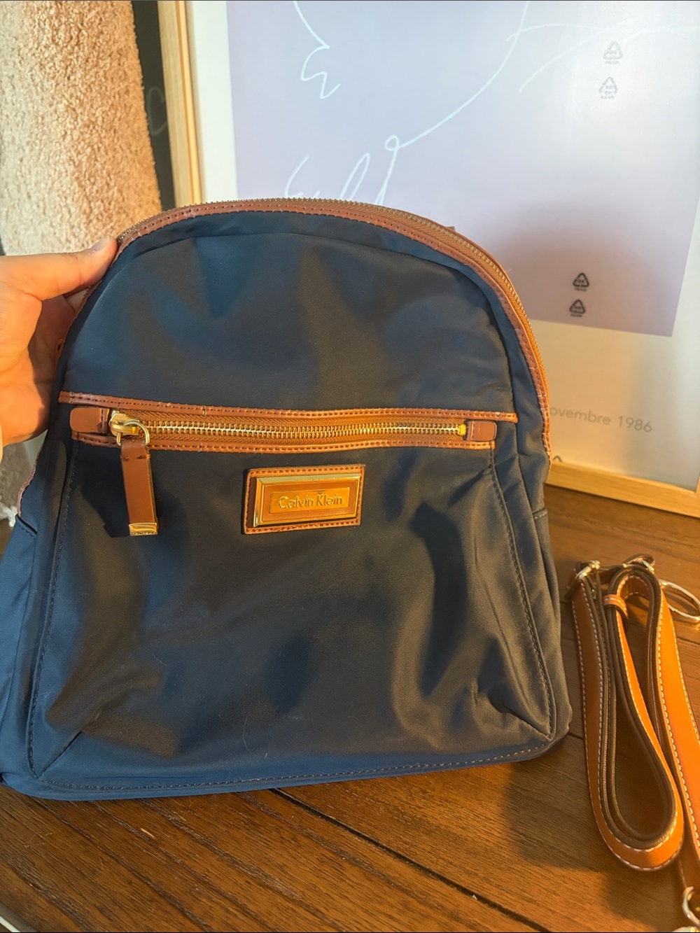 Calvin Klein Navy Backpack with Brown Trim